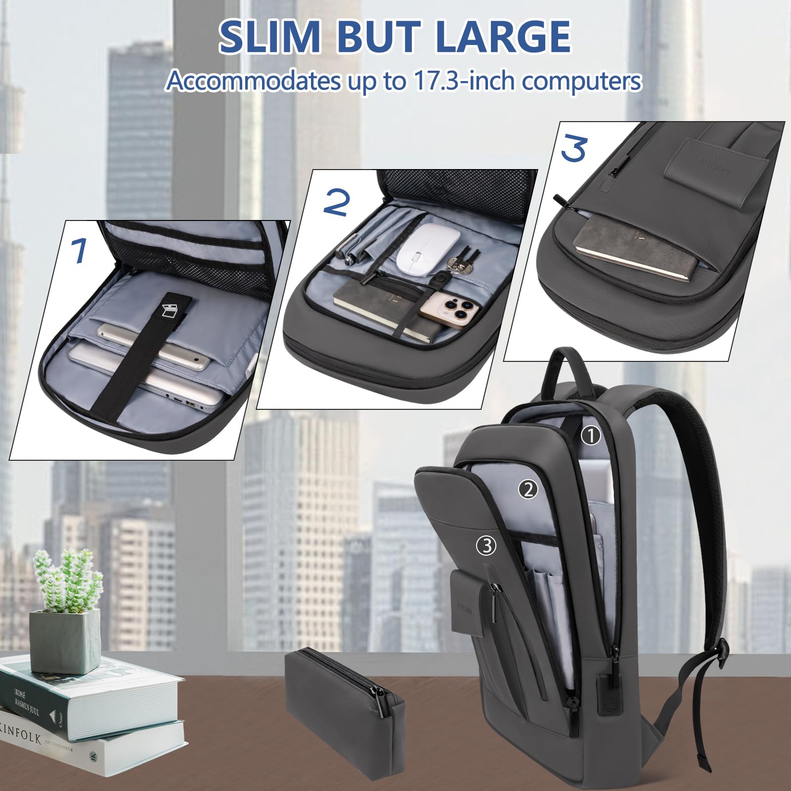 Zaino da lavoro per uomo zaino per laptop antifurto impermeabile zaino adatto per laptop da 15,6 pollici per lavoro quotidiano viaggi, nero, 17.3”, classico