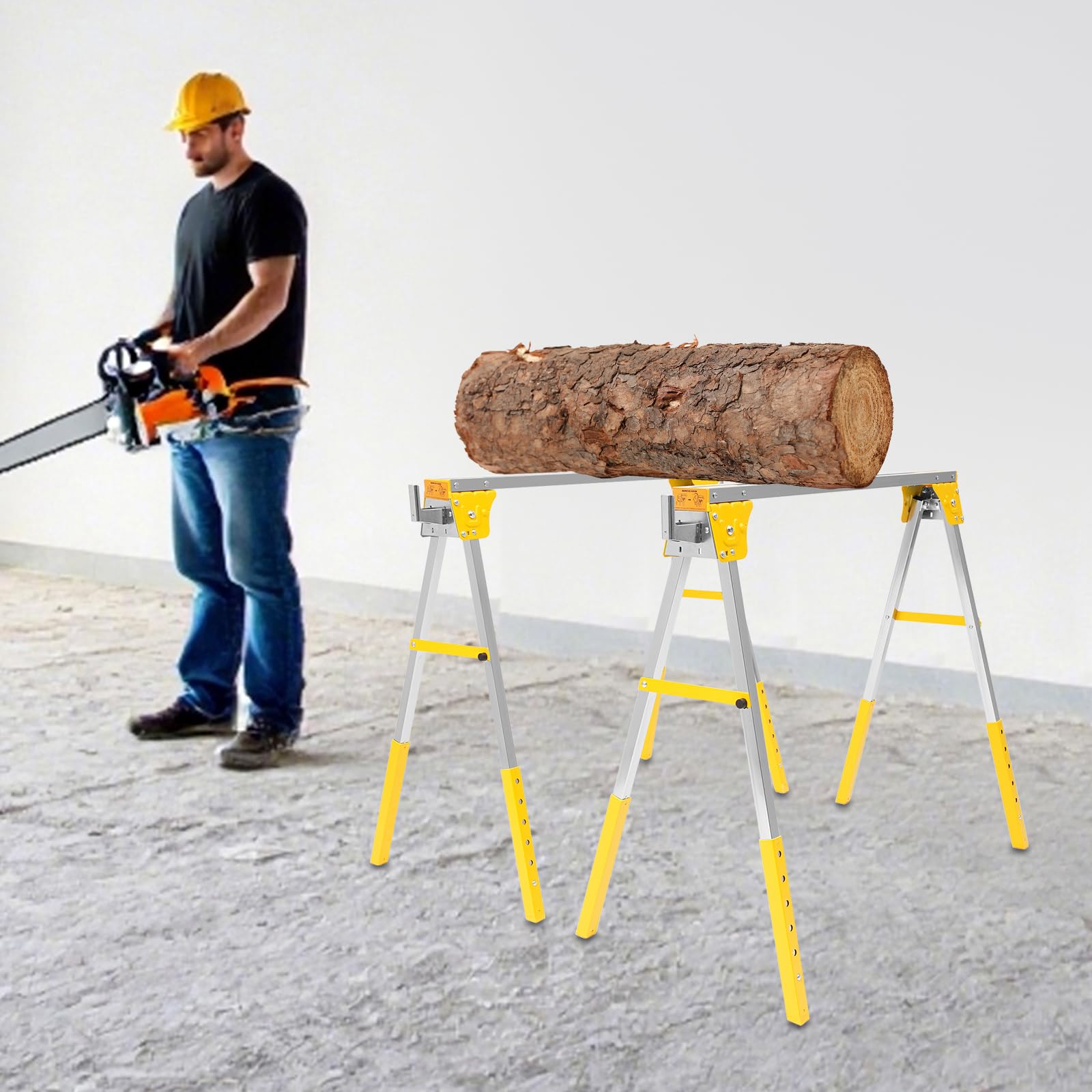 Juego de 2 caballetes de trabajo con altura ajustable, caballete plegable con capacidad de carga de 1200 kg, caballete de metal para almacenes, fábricas, jardines, zonas de madera (amarillo)