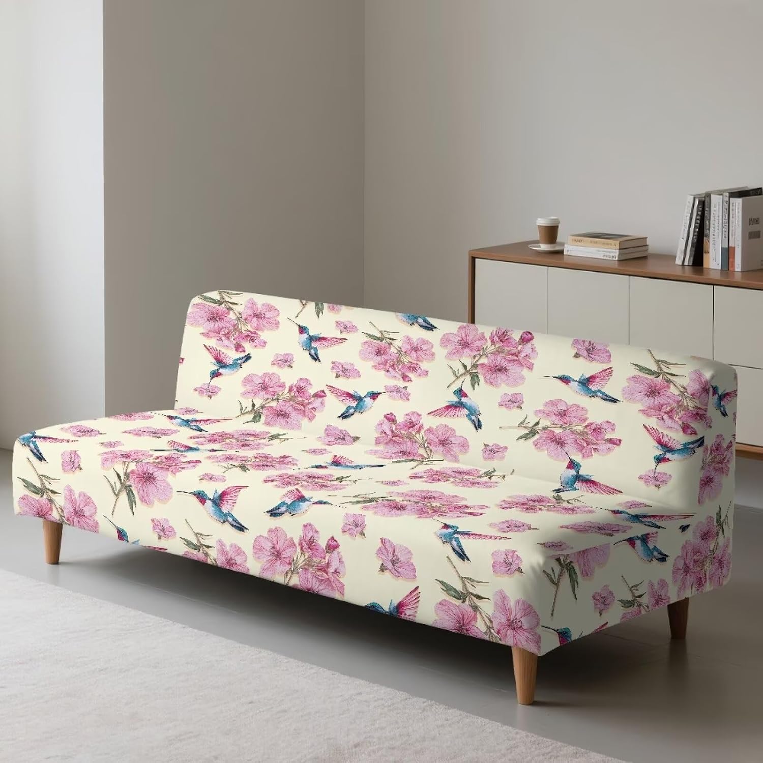 Hummingbird Hibiscus Print Pink Beige Armless Futon Cover Futon Mattress Covers Soft Elastic Dustproof Couch Slipcover Washable Sofa Bed Protector with Elastic Bottom