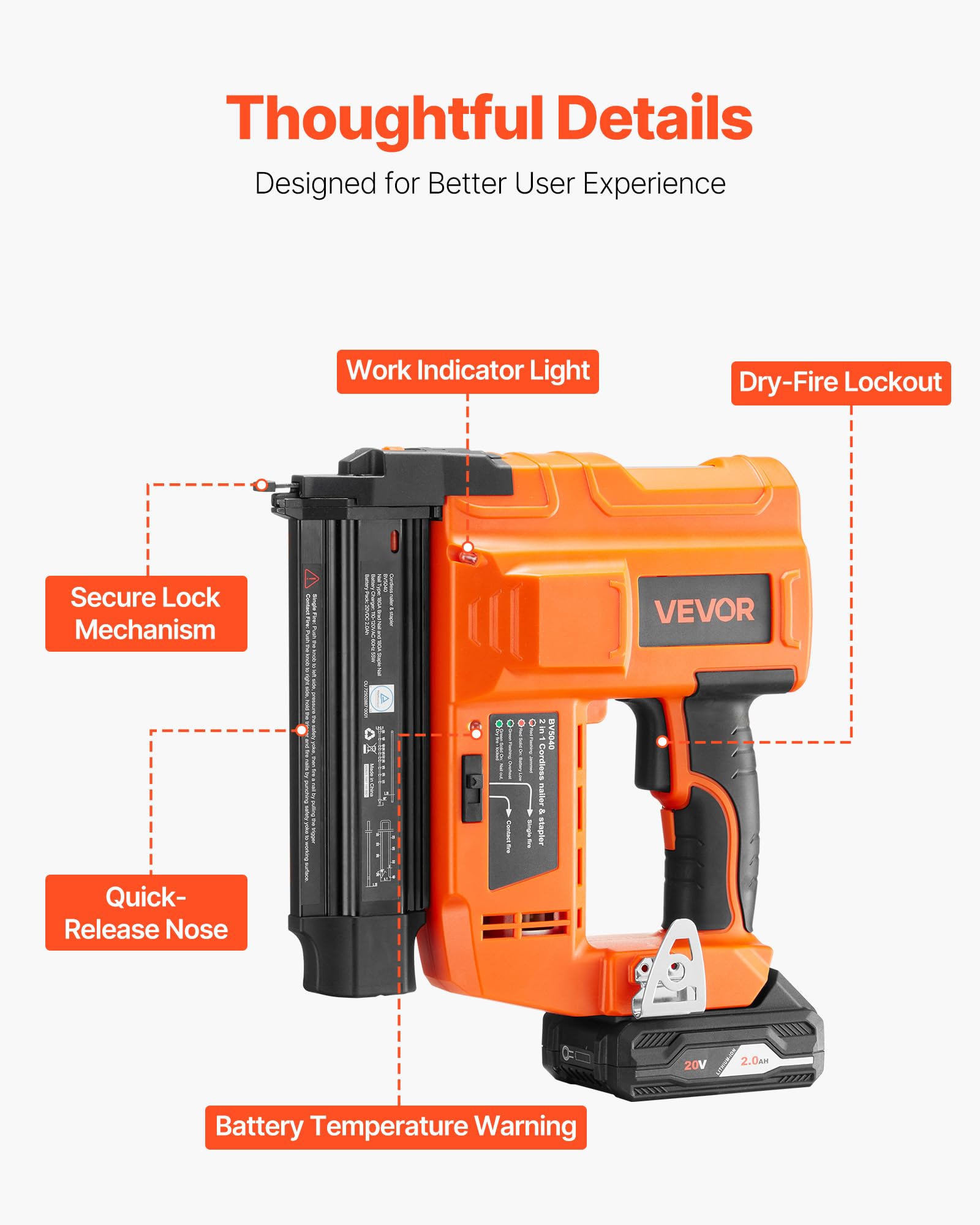 VEVOR 2 in 1 Akku-Nagler 18 Gauge 20 V Akku-Nagler und Tacker, 100 Nägel/min, mit 500 Nägeln & 500 Klammern & 2,0 Ah Lithiumbatterie & Ladegerät, für Heimwerkerarbeiten Holzbearbeitung Orange