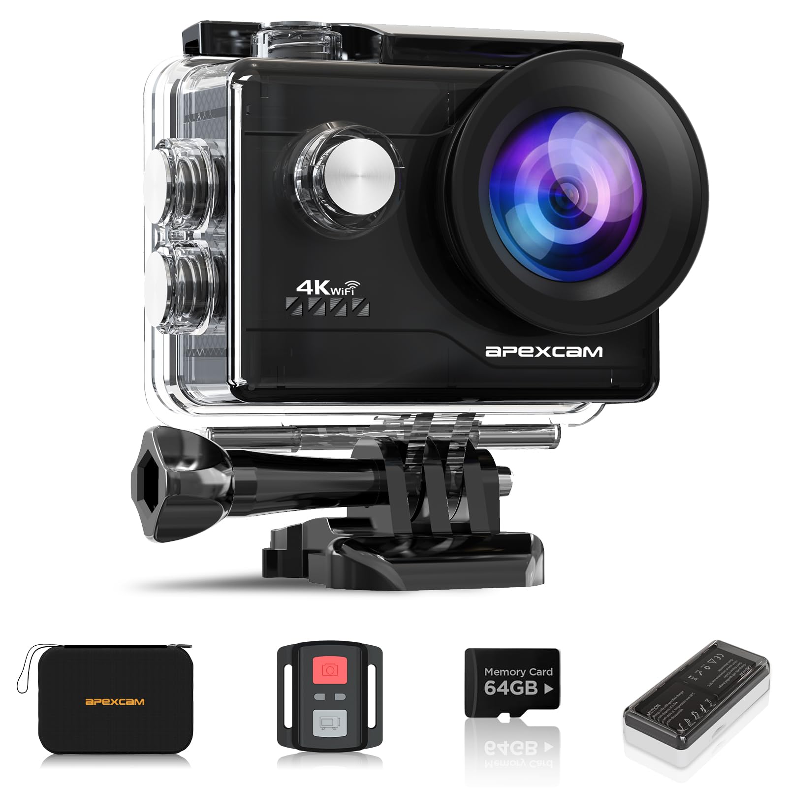 Apexcam 4k Sport Camera with MicroSD 64GB Action Cam WiFi Camera Waterproof 40M Ultra HD Action Camera 170° Wide Angle with 2.4G Remote Control and 2 Rechargeable Batteries and Accessory Kit…