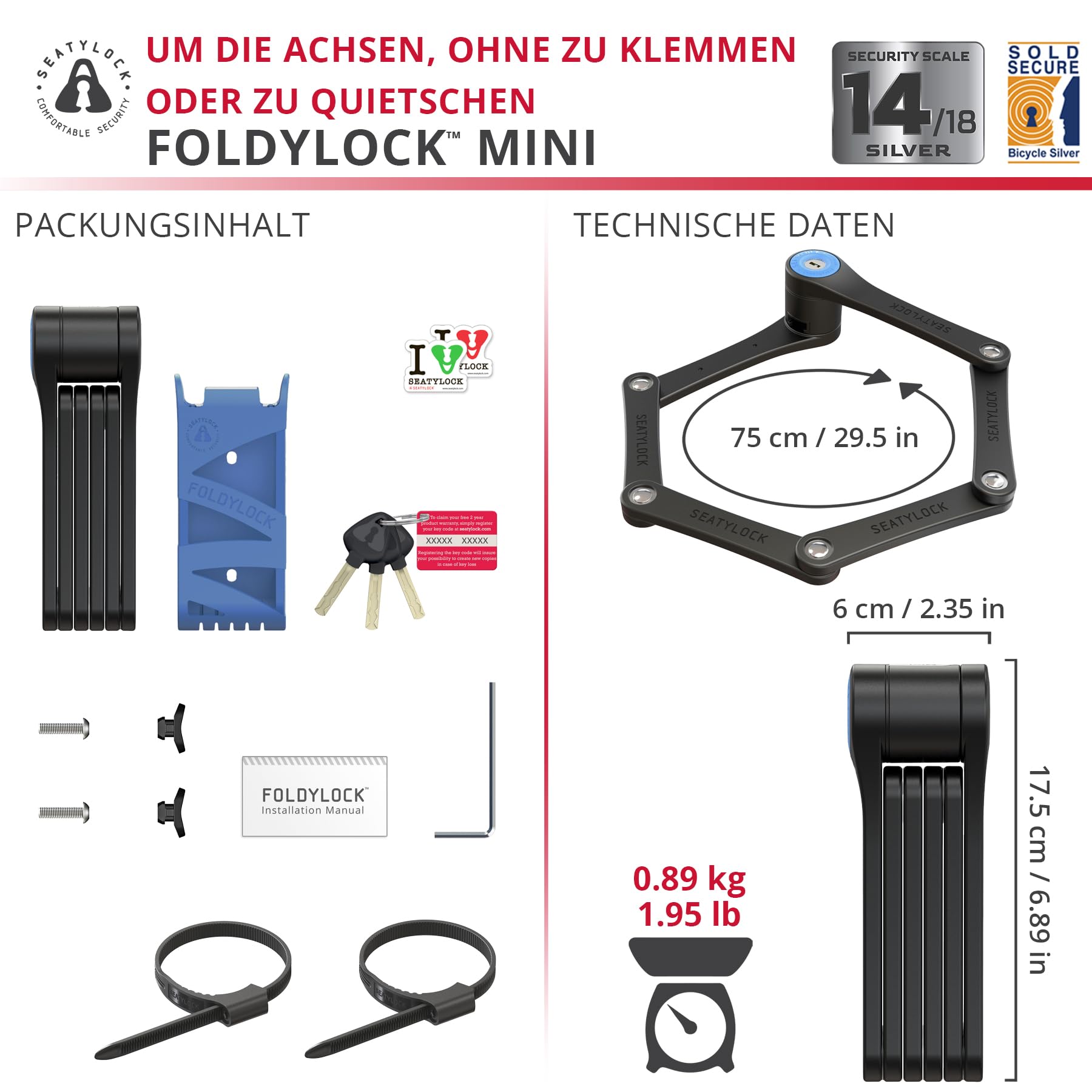 FoldyLock Mini Faltschloss mit Schlüssel - Patentiertes Testsieger Fahrradschloss mit Halterung für hohe Sicherheit - Starkes und Leichtes Fahrrad Schloss für City Bikes und e Scooter - 75 cm