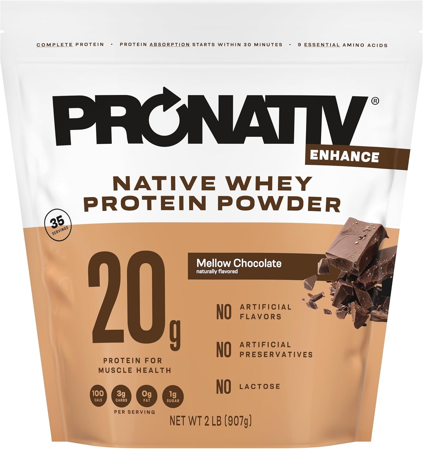 100% Whey Native Protein Powder, Mellow Chocolate, 2 lb, Made from Farm Fresh Milk, No Artificial Flavors or Preservatives, for Muscle Health and Recovery, Lactose Free