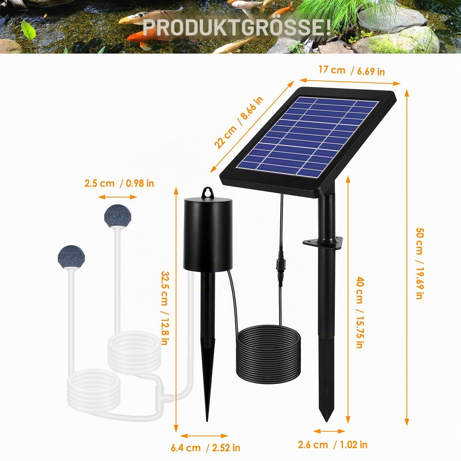 Solar Teichbelüfter mit Luftpumpe, Belüfter für Teiche im Freien, 3 Modi, 4W & 2200 mAh Solar Oxygenator Luftpumpen-Set mit Blasenregler für Garten-Fischbecken, Außenpool, Schwarz