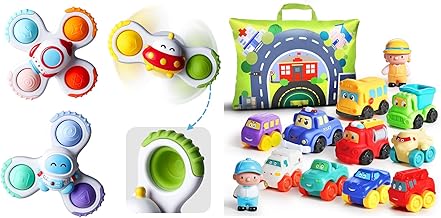 ALASOU 3 PCS Suction Cup Rotating Toys and 12 PCS Soft Rubber Car Toys with Playmat for Infant and Toddlers