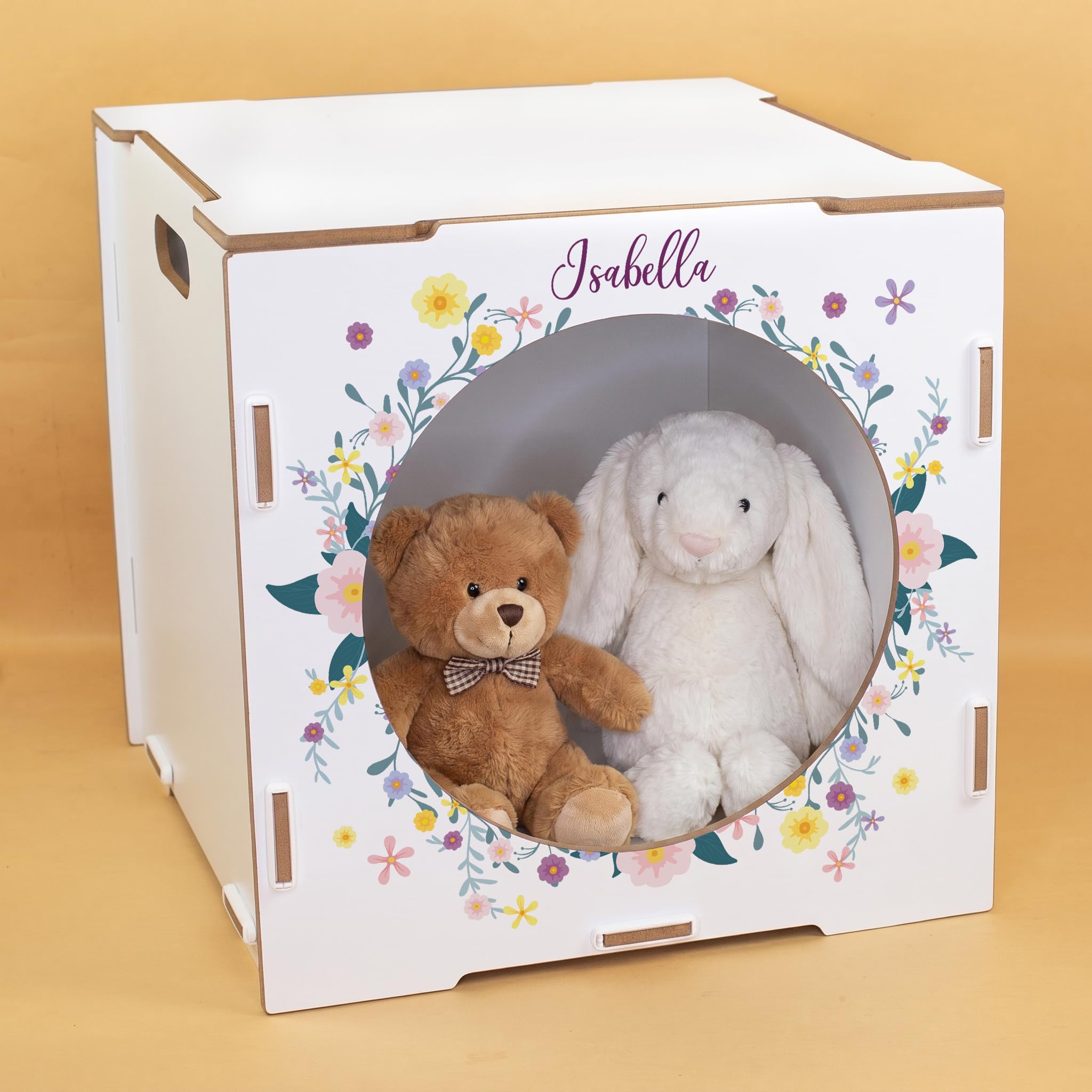 Herz & Heim® Regal Einsatz für Kallax personalisiert mit Name – Aufbewahrungsbox aus Holz – Regaleinsatz mit Blumen Aufdruck für Aufbewahrung – Geschenk für Kinder, Familie, Freunde (Weiß)