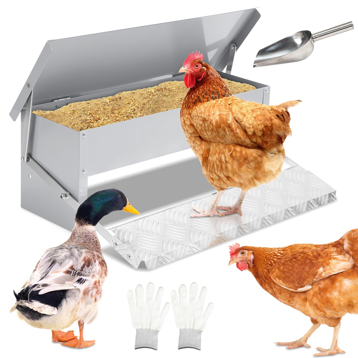 Comedero automático para gallinas, 5 kg, comedero con pedal automático, cuchara de hierro noble y guantes, comida para pollos para aves de corral, impermeable y resistente a las ratas