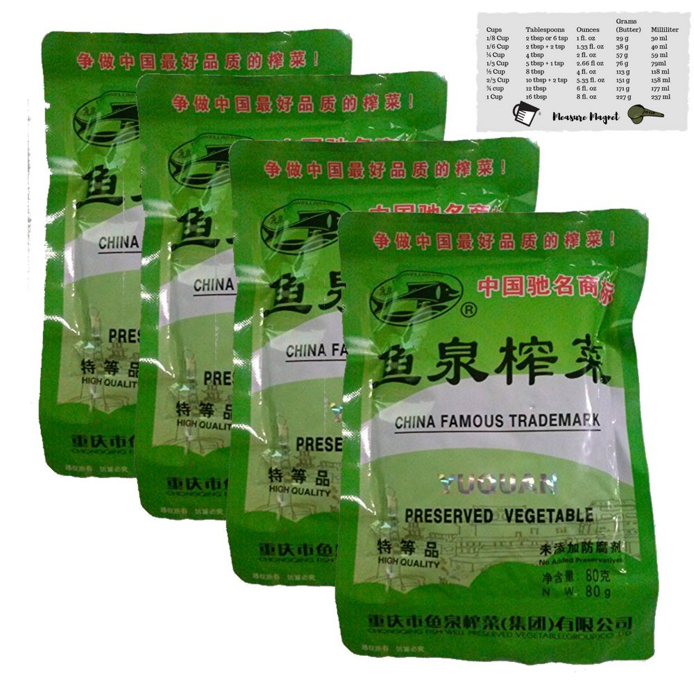 Yuquan - Preserved Vegetable, Sichuan Zha Cai - Original from China + Kitchen Measurement Conversion Magnet (Original Shredded, 4 Pack)