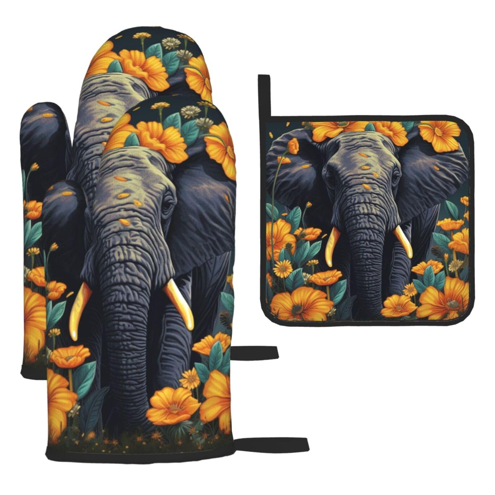 Oven Mitts and Pot Holders Sets of 3 Elephant and Sunflower Oven Mitts 3 Pcs Heat Resistant Non Slip Ovens Gloves Hot Pads Kitchen Gloves Potholders for Baking Cooking BBQ Grilling