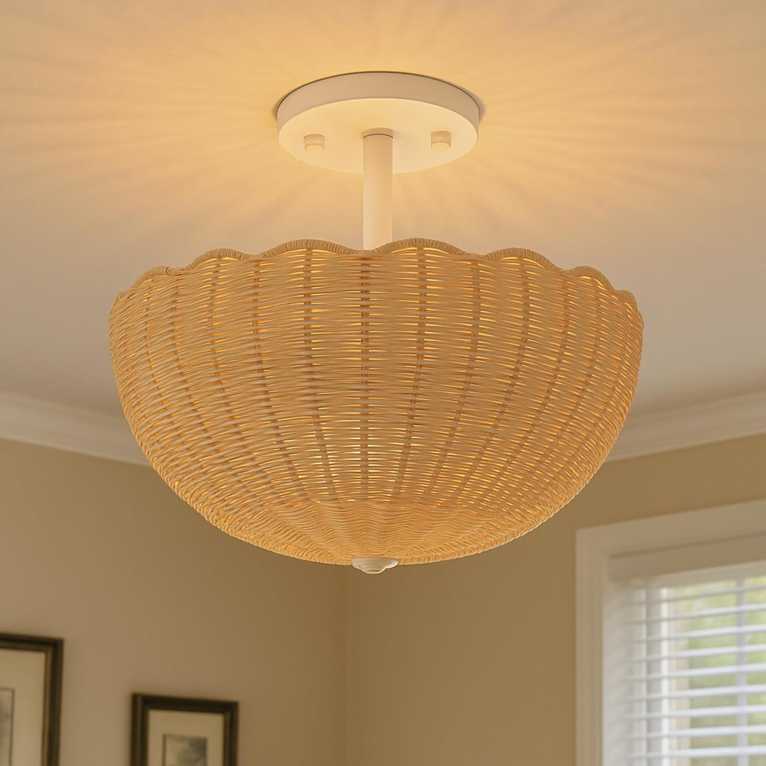 Sumind Rattan Ceiling Light Fixture Flush Mount 17 Inch Bohemian Modern Handmade Woven Ceiling Light Rattan Chandelier for Bedroom Living Room Dining Room Hallway Entryway Farmhouse Fixture