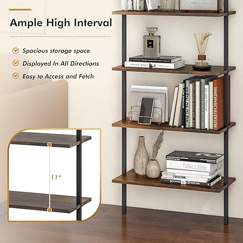 Miniatura 7 de Giantex Estantería moderna de 5 niveles para montar en la pared, color marrón rústico, estantería industrial de madera de 71 pulgadas con marco de