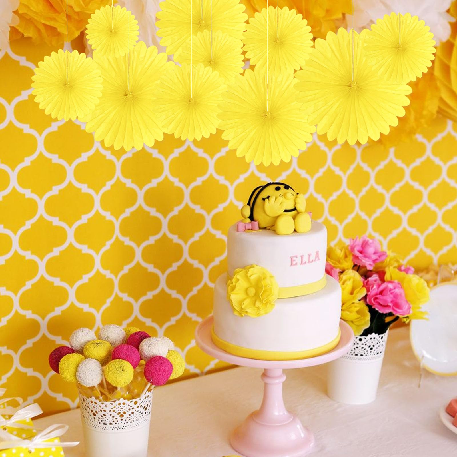 18 abanicos de papel colgantes de color amarillo claro, abanicos de papel redondos colgantes de panal, decoraciones de abanicos de papel para bodas, cumpleaños, Navidad, baby showers, aula, despedida