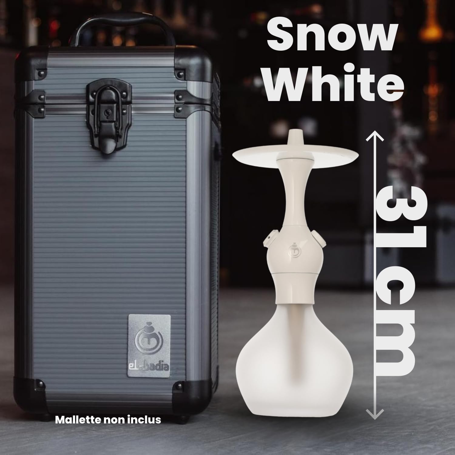EL-BADIA C1 V2 Cachimba 31cm – Shisha Compacta y Moderna con Columna de Aluminio, Base de Vidrio Click, Cazoleta Phunnel, Manguera Lavable & Boquilla – Narguile Ultra Moderno (Snow White)