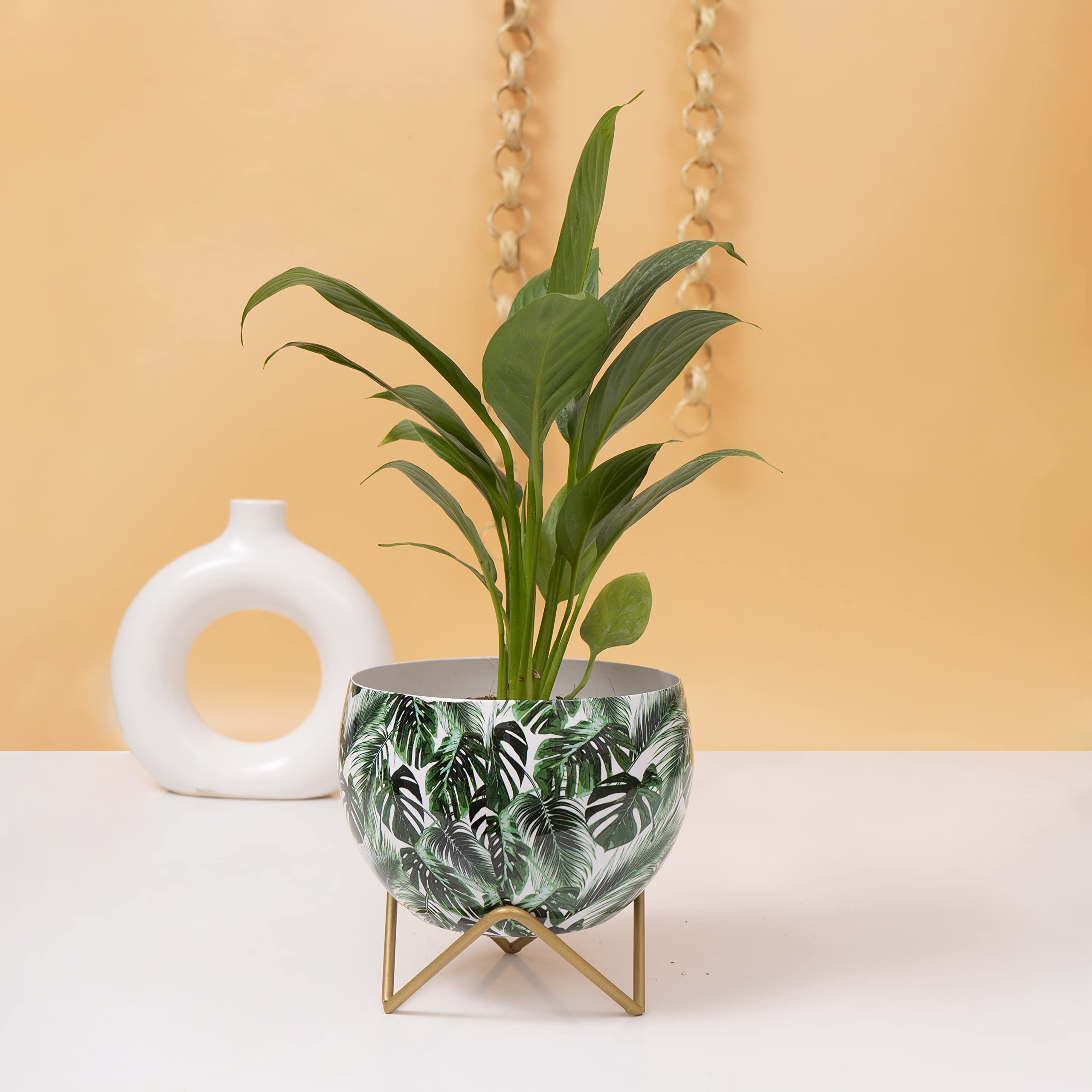 KYARI Adorning Metallic Round Shape Big Greeny Leafy Print Planter | Design for Indoor & Outdoor Decor | Rust-Free Stand | Size 10 * 14.5 * 14 Cm | Plants Not Included
