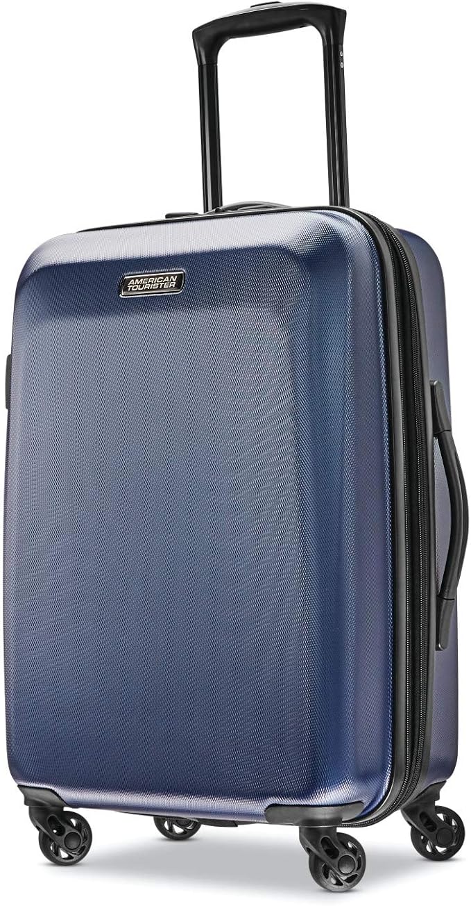 review American Tourister Moonlight Hardside Expandable Luggage with Spinner Wheels, Navy, Carry-On 21-Inch