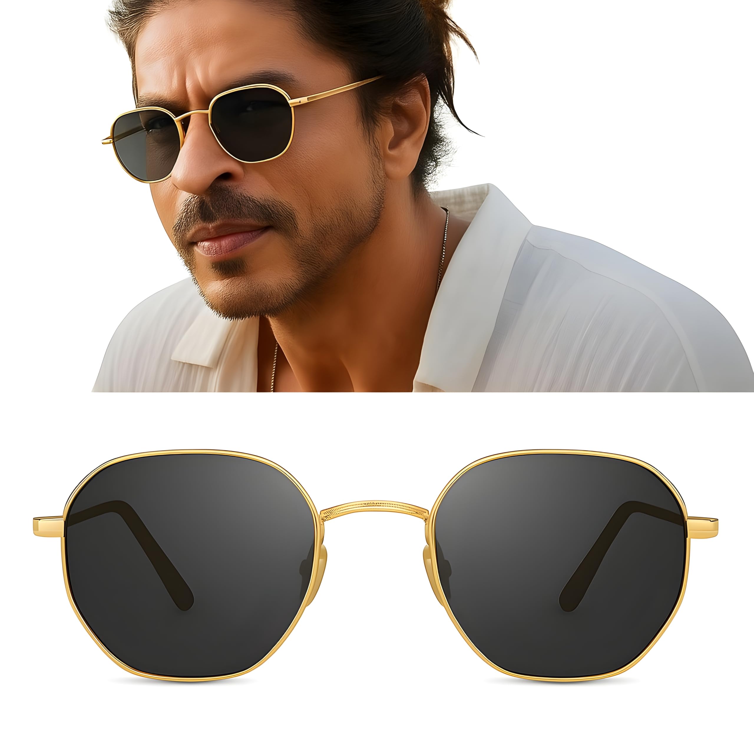 Unisex Hexagon PATHAN SRK Choise Sunglasses Gold Metal Frame, Sleek Black lens UV protection, perfect for Men's and Women's [Pack of 1, D-4 ]-image-7