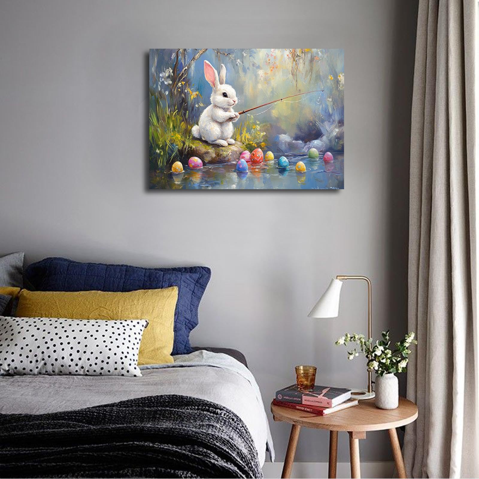 YUNART Zabawna dekoracja pokoju wielkanocnego, królik, ryby, na jajka wielkanocne nad strumieniem, płótno, druk artystyczny, w stylu vintage, plakat gotowy do zawieszenia, 40 x 60 cm, rama wewnętrzna