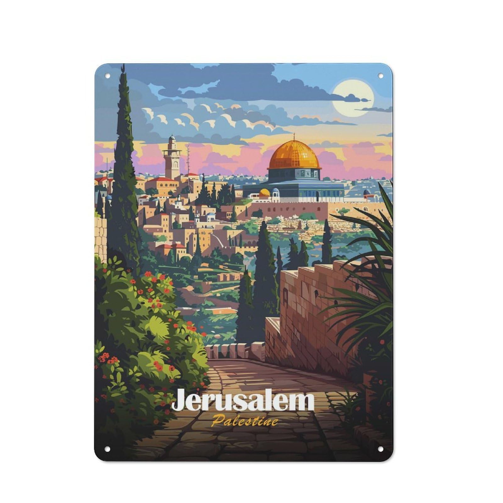 Junmoney Style-12 Weathered Look Jerusalem, Palestine Travel Metal Wall Sign 40X30cm, Shed Wall Plaque For Tool Room, Garage, Studio Or Home Bar