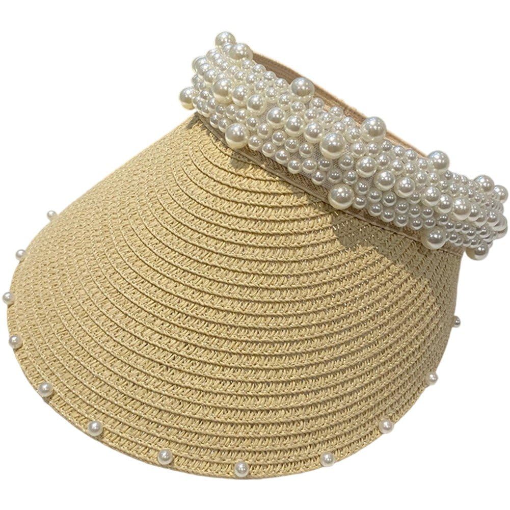 Sslvya Pearl Straw Sun Visor Hats for Women Uv Protection, Summer Wide Brim Sun Hats, Packable Ponytail Beach Hat for Travel