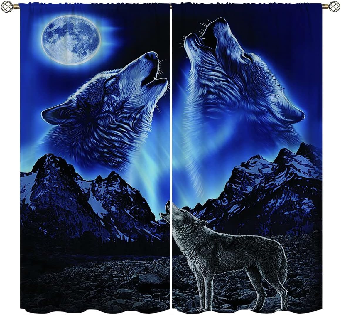 Wusihorld Wolf Blackout Curtains Home Decor,The Wolf Howls at The Moon at Night Rod Pocket Thermal Insulated Drapes Darkening Window Curtain for Girls