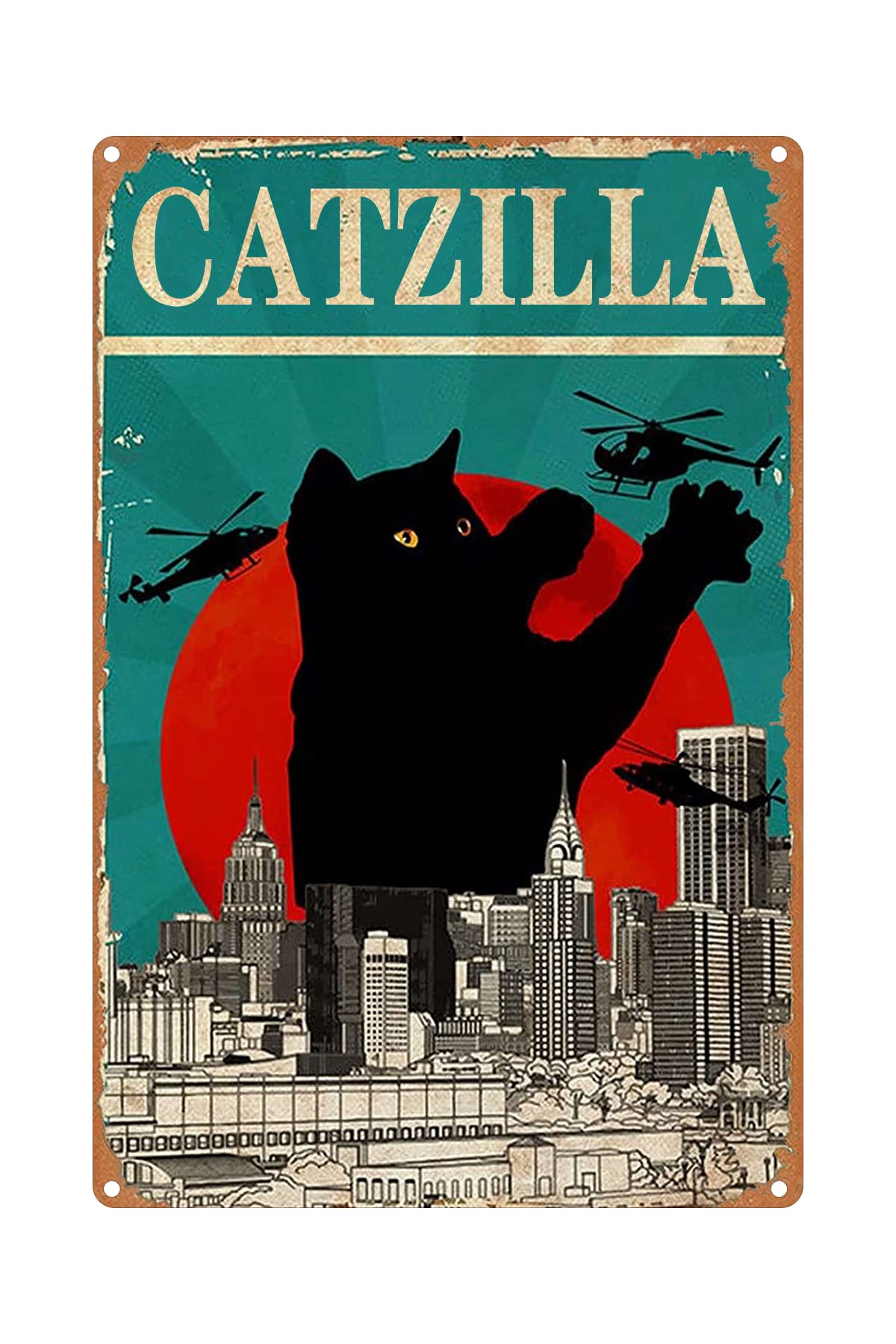 Catzilla Black Cat Tin Sign Funny Cat Tin Sign Crazy Cat Lady Retro Metal Signs for Garage Man Cave Funny Cat Black Cat Lover Toilet Tin Sign 12x8 Inch