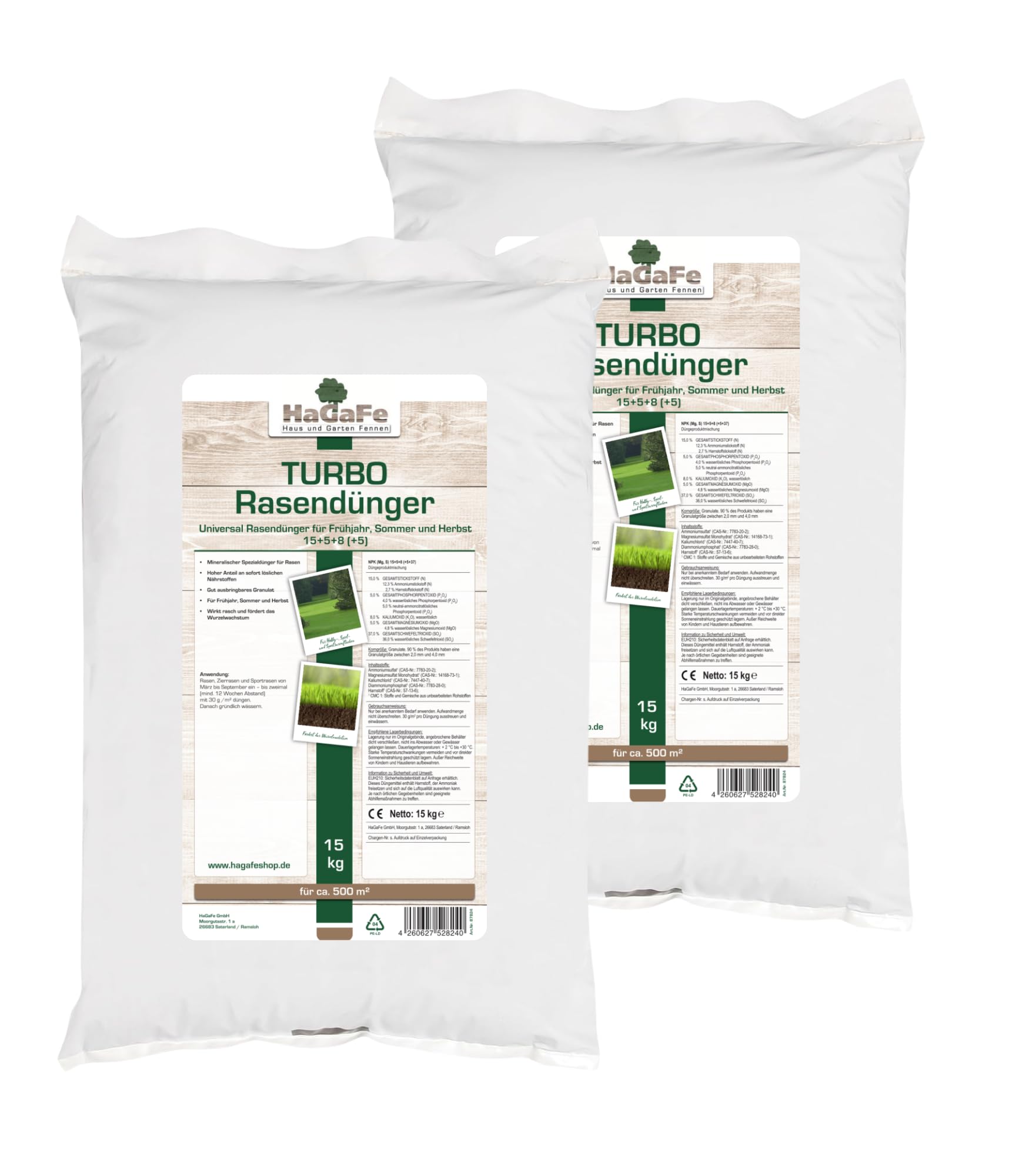 TURBO Rasendünger mit 15% Stickstoff, Universal Rasen - Dünger für Frühjahr, Sommer, Herbst, für schnelles sattes Grün (30 kg (2 x 15 kg))