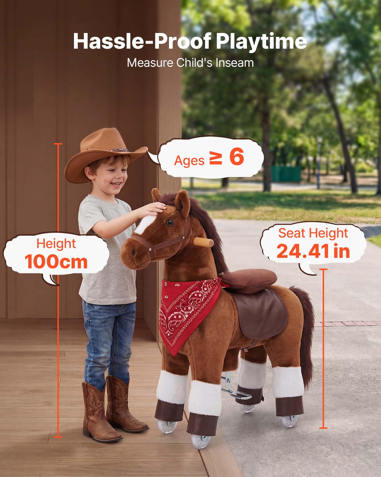 VEVOR Cavallo Cavalcabile per Bambini, Cavallo Cavalcabile con Ruote Scorrevoli, Senza Batterie, Anello Anti-Ribaltamento, Sedile Rialzato, Maniglie e Pedali, Carico Massima 80 kg, Per Bambini 6+ Anni