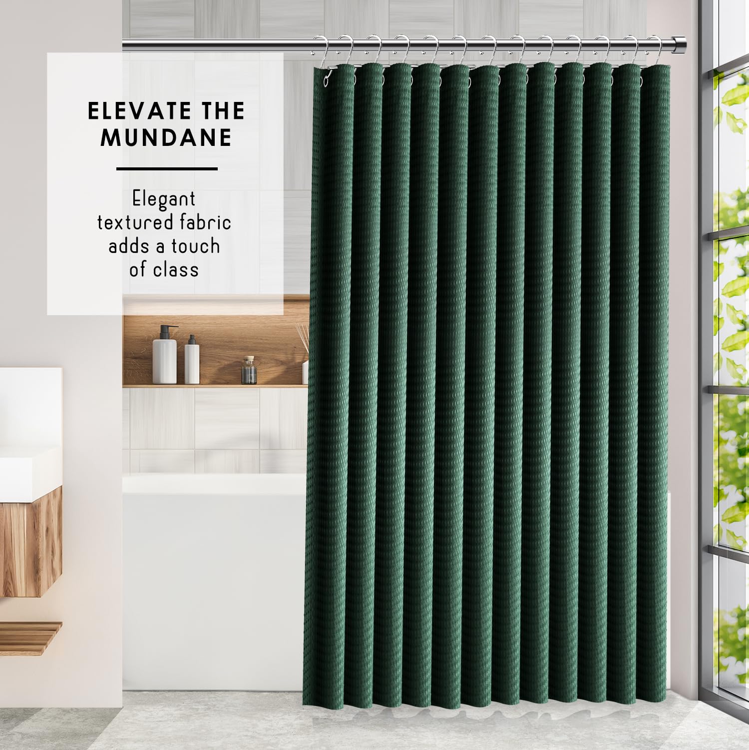 Clara Clark Hunter Green Shower Curtain, Hotel Quality Waffle Fabric Bath Curtain 72x72 - Image 2