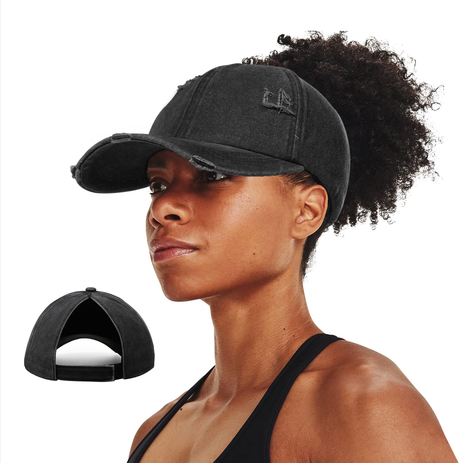 BUTITNOWWomen Backless Baseball Cap High Ponytail Snapback Curl Caps Washed Distressed High Messy Bun Ponycap