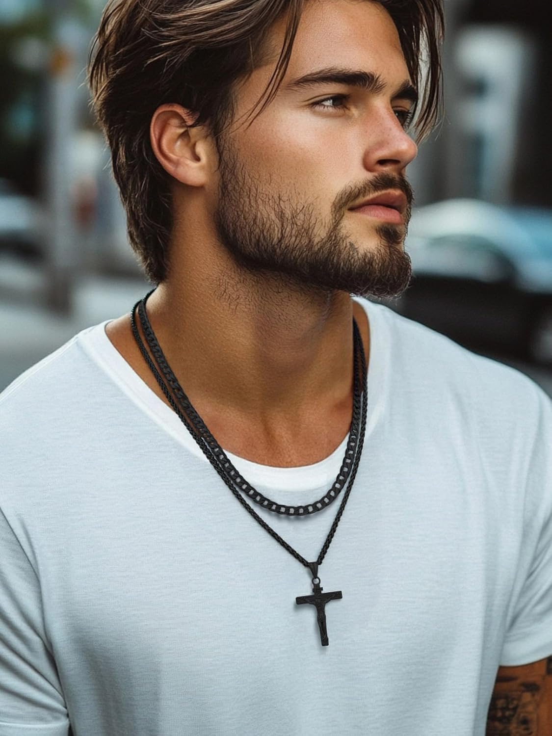 FaithHeart Cross Necklace for Men, Silver/Black/Gold Crucifix Necklace Stainless Steel Pendant with Cuban Chain Jesus Cross Necklaces Religious Gifts for Men - Image 2