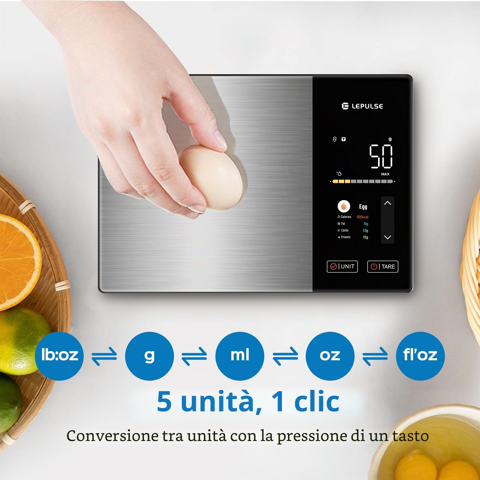 Bilancia da cucina digitale con calcolo dei valori nutrizionali, bilancia per alimenti con 24 analisi nutrizionali, bilancia per alimenti in acciaio inox da 5 kg, display TFT a colori, 50 analisi