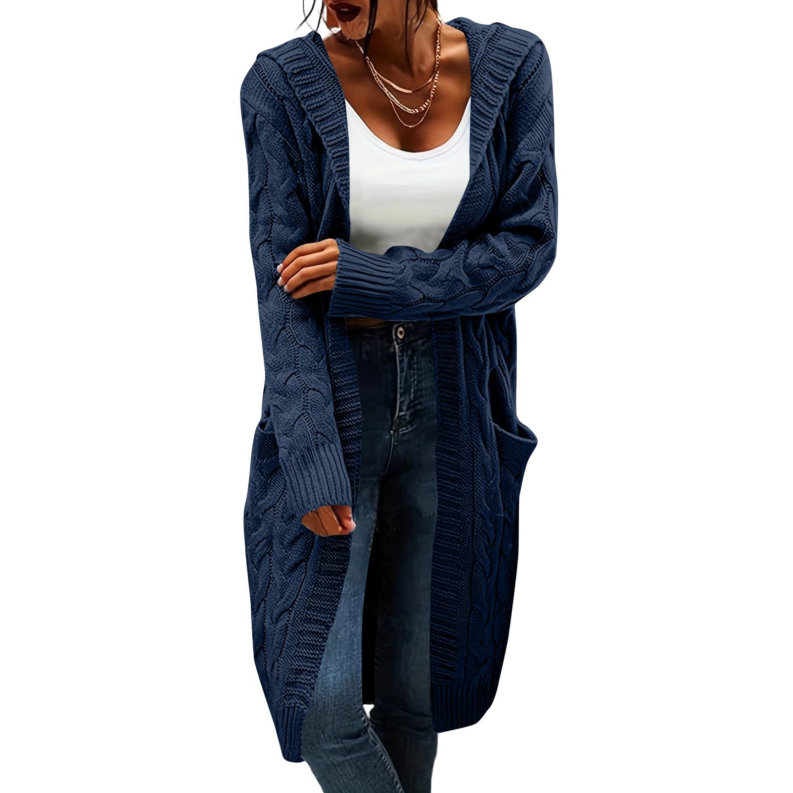 FUPODD Strickmantel Damen Lang Mit Kapuze Cardigan Winter Warm Strickjacken