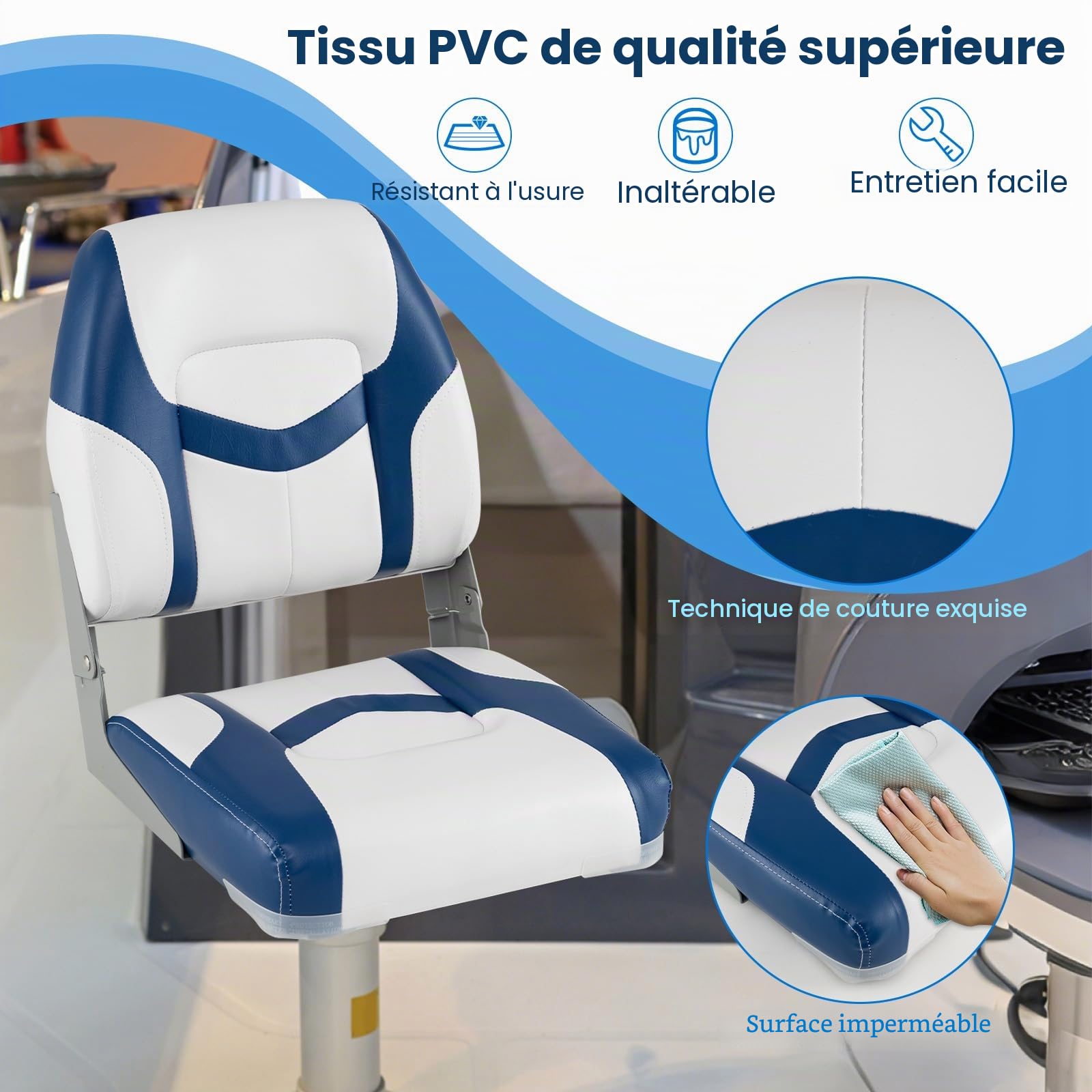 GOPLUS Lot de 2 Sièges de Bateau Pliants à Dossier Ergonomique Bas, Chaises de Bateau Confortables Rembourré en Éponge, Sièges Rabattables pour Bateau, Convient pour Yacht, Bateau de Pêche, 42x49x51CM
