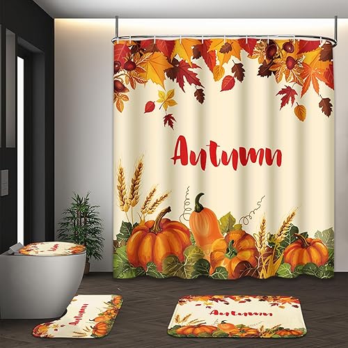 Juego de cortinas de ducha de otoño con tapa de inodoro y alfombras antideslizantes, 4 cortinas de ducha para baño, calabaza naranja, hojas de arce,