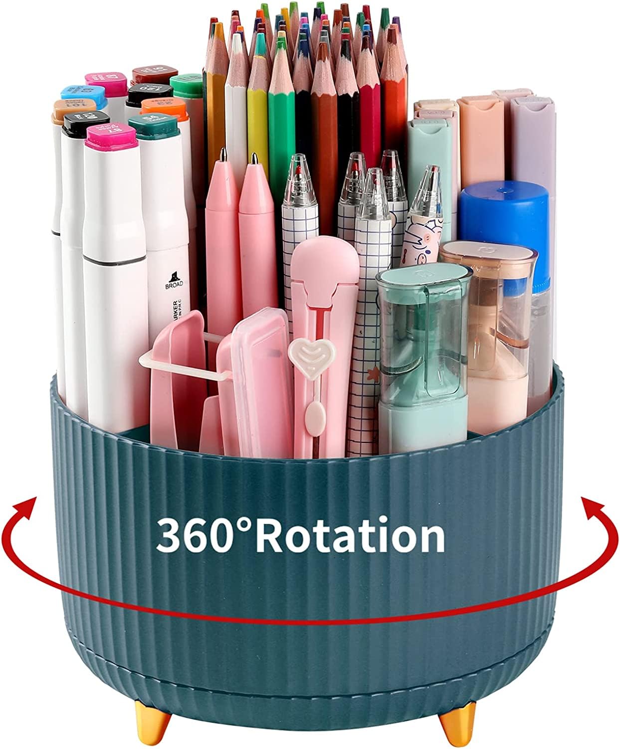 Pencil Pen Holder for Desk, 5 Slots 360Degree Rotating Pencil Pen Organizers for Desk, Desktop Storage Stationery Supplies Organizer, Cute Pencil Cup Pot for Office, School, Home, Art Supply (Green)
