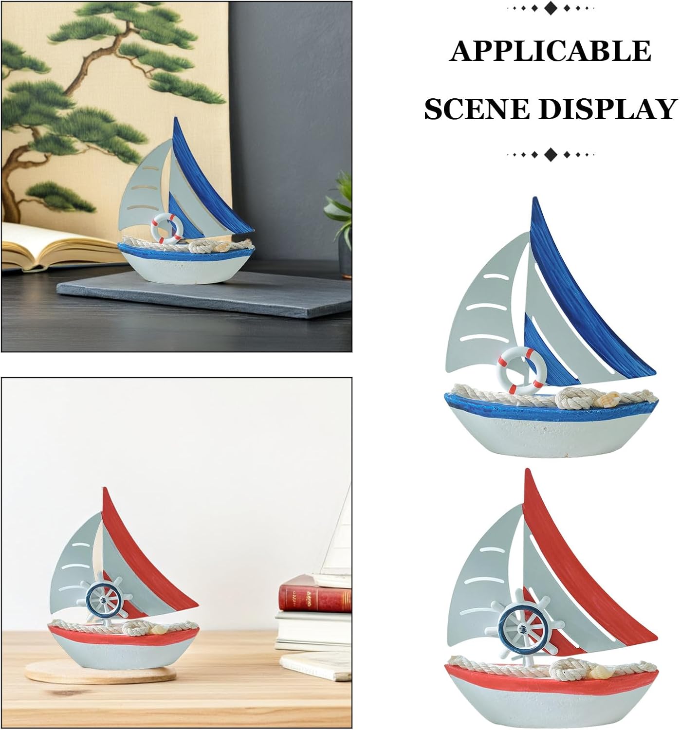 FUOYLOO 2pcs Sailboat Decor: Wooden Nautical Decoration - Beach Sailing Boat Ornament for Home Bedroom Office Bathroom Desktop Centerpiece