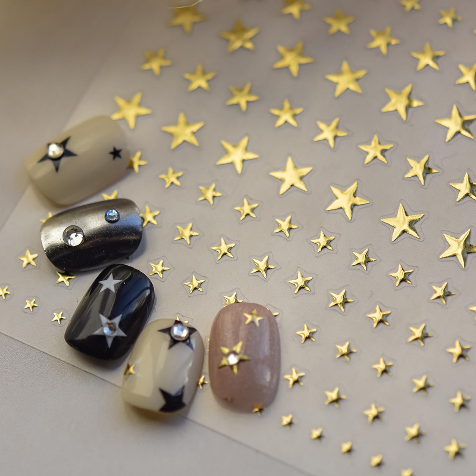 Metal Star Nail Art Stickers,1 Sheet 3D Gold Bronzing Nail Stickers for Nail Art, Self-Adhesive Luxury Nail Decals for Women Girls Nail Design,