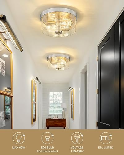 Miniatura 2 de Emak FM082-BN - Lámpara de techo de níquel cepillado de 2 luces, de 11 pulgadas, con pantalla de vidrio semillado para dormitorio, sala de estar,