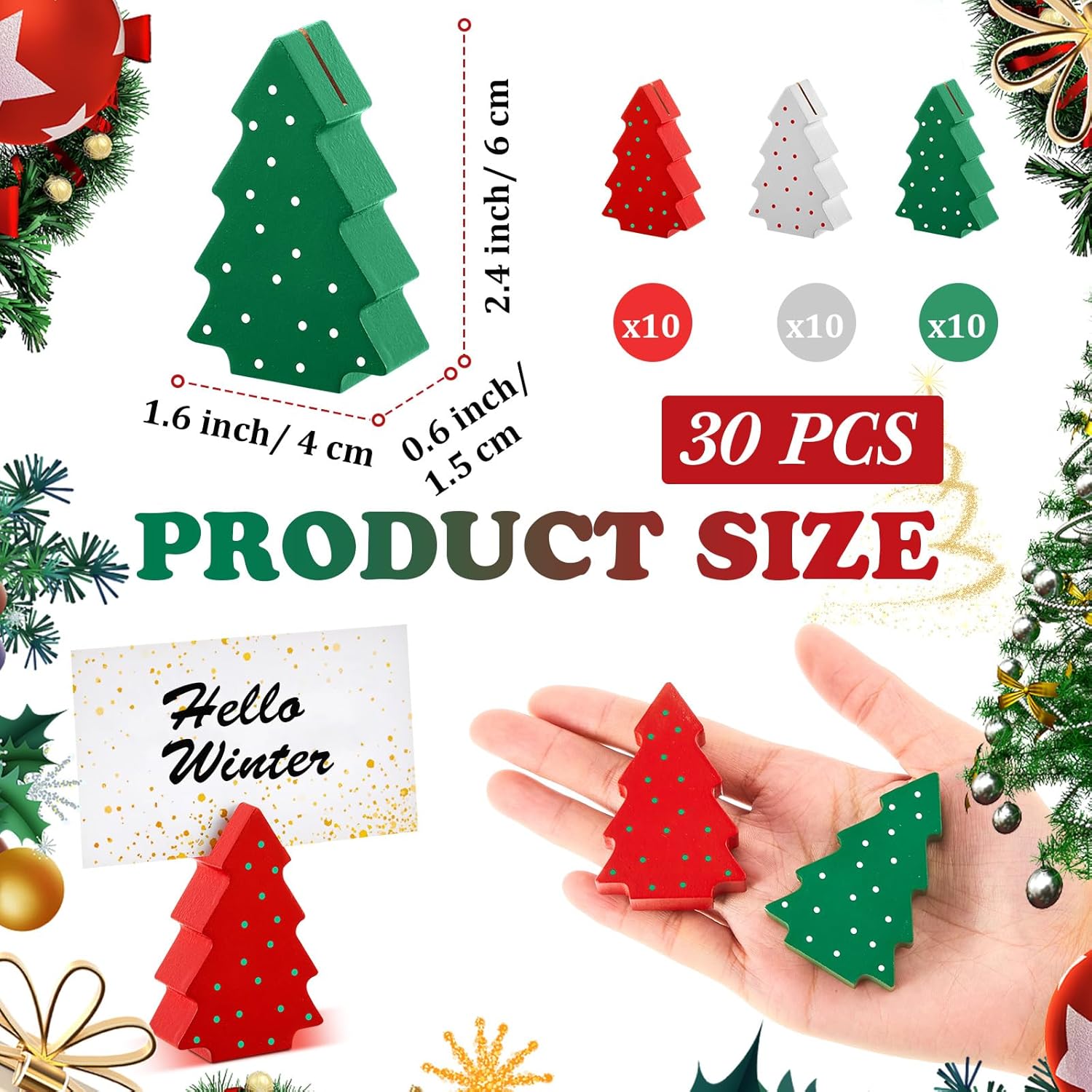 Kigley 30 Pcs Mini Christmas Tree Place Card Holders Wooden Xmas Table Number Holder Wood Table Sign Picture Stand for Christmas Winter Holiday Office Wedding Decor Party Favors
