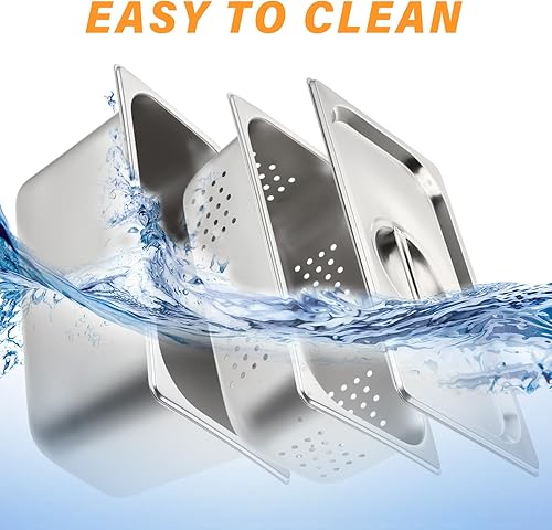 Miniatura 10 de Paquete de 3 sartenes de hotel de tamaño completo con tapa, incluye sartén de vapor perforada de tamaño completo, cubierta de mesa de vapor,