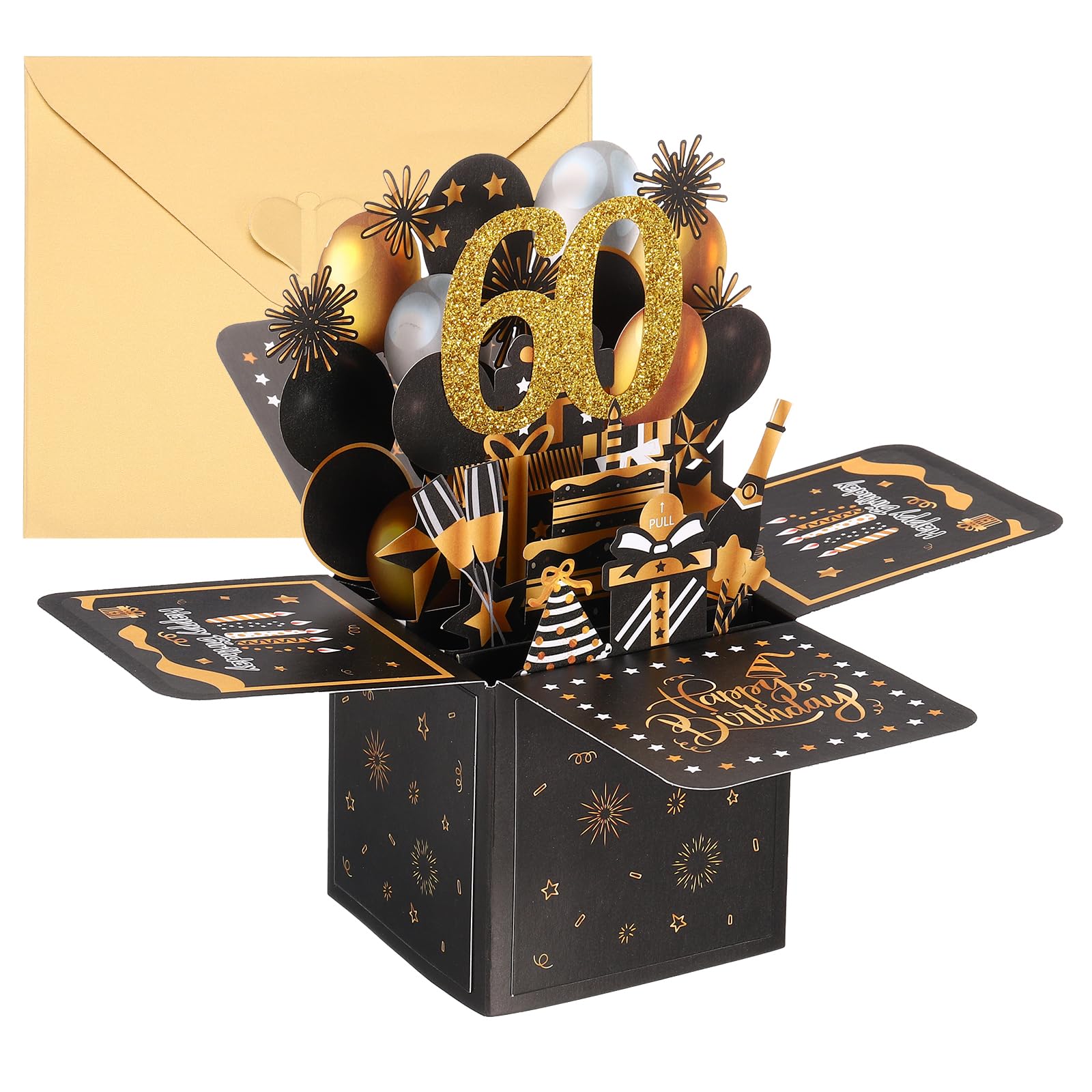 Biglietto Auguri 3D Pop-Up Per 60° Compleanno - Nero E Oro Con Torte E Palloncini - Compleanno Per Donna, Mamma, Amica - 2