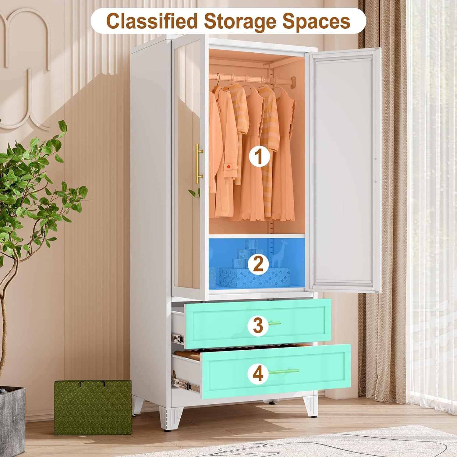 Metal Armoire Wardrobe Closet Storage Cabinet with 2 Doors White, 71'' Wardrobe with Hanging Rod Metal Closet with Adjustable Shelf and 2 Drawers, Freestanding Storage Cabinet for Bedroom