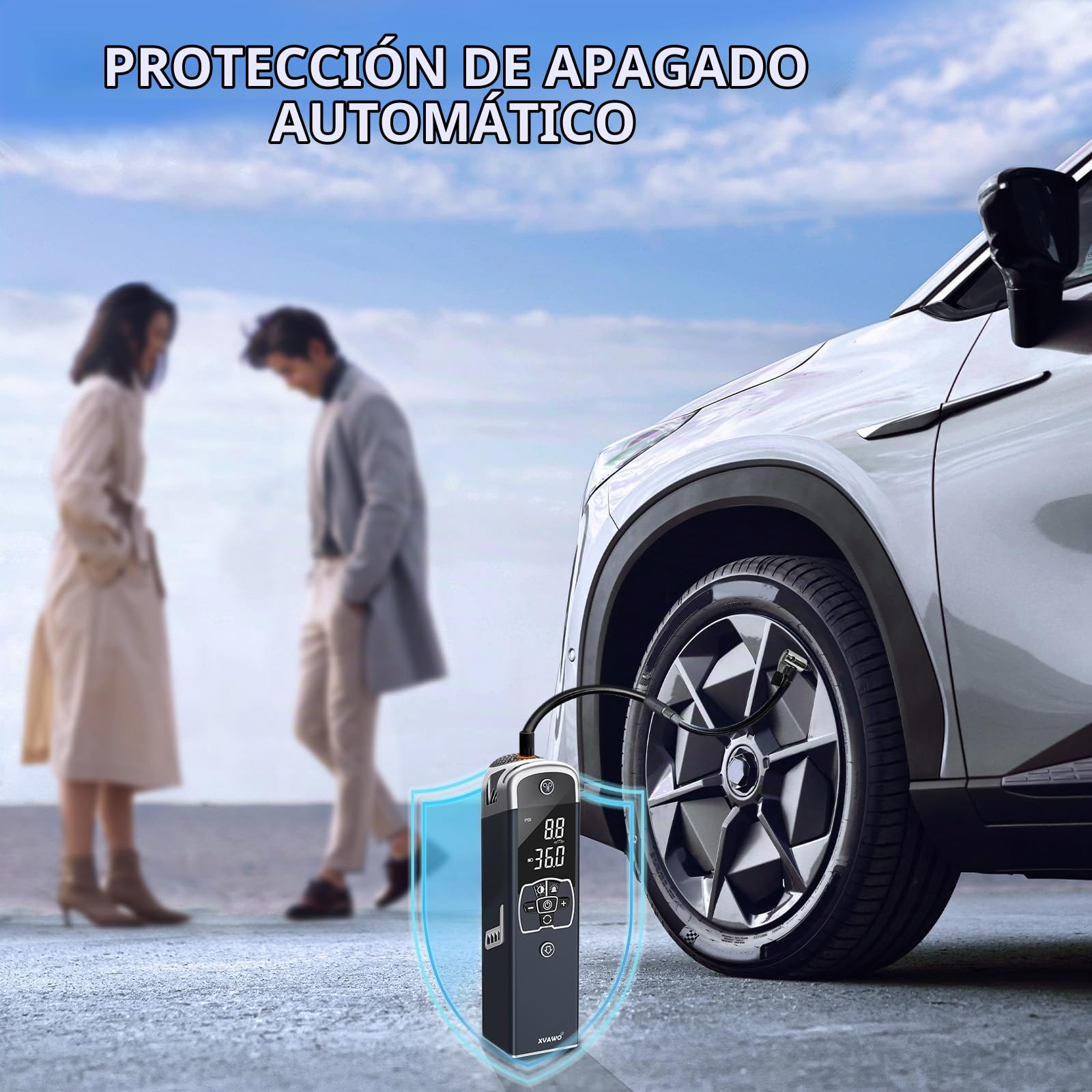 Compressor Aire Portátil Inflador: Mini Inflador Ruedas Coche Eléctrico con Pantalla Doble LED de 150PSI para Autos Bicicletas y Motos