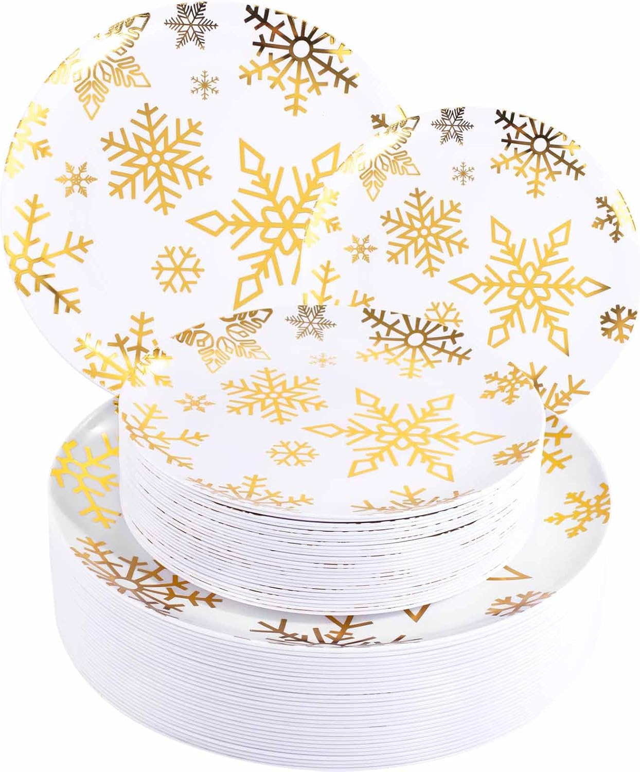 WDF 50 Pieces Plastic Christmas Plates White and Gold Plates with Snowflake include 25 Dinner
