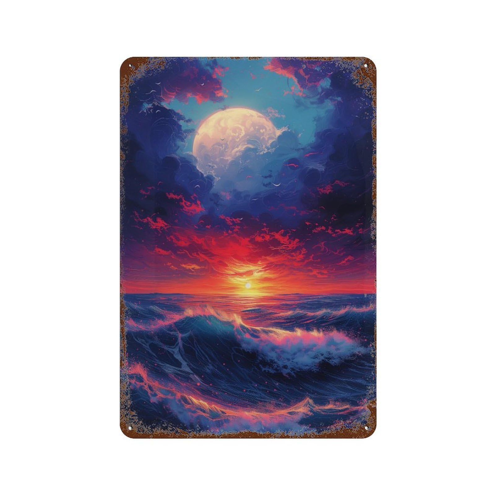 Ocean Sunset with Full Moon Rustic Tin Plaque 11.8"x7.9", for Pub, Kitchen And Man Cave Decor, Vintage Wall Decor