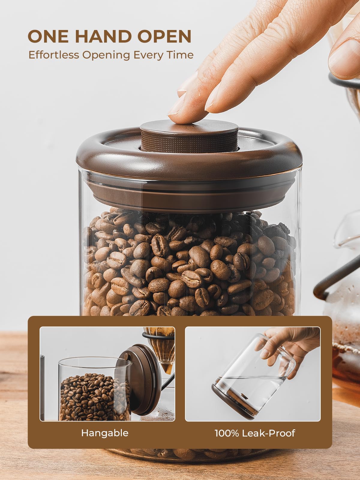 Recipiente de vidrio para café, 900 ml, 2 recipientes herméticos para almacenamiento de café, grandes recipientes de café molido con tapas, 300 g, color marrón