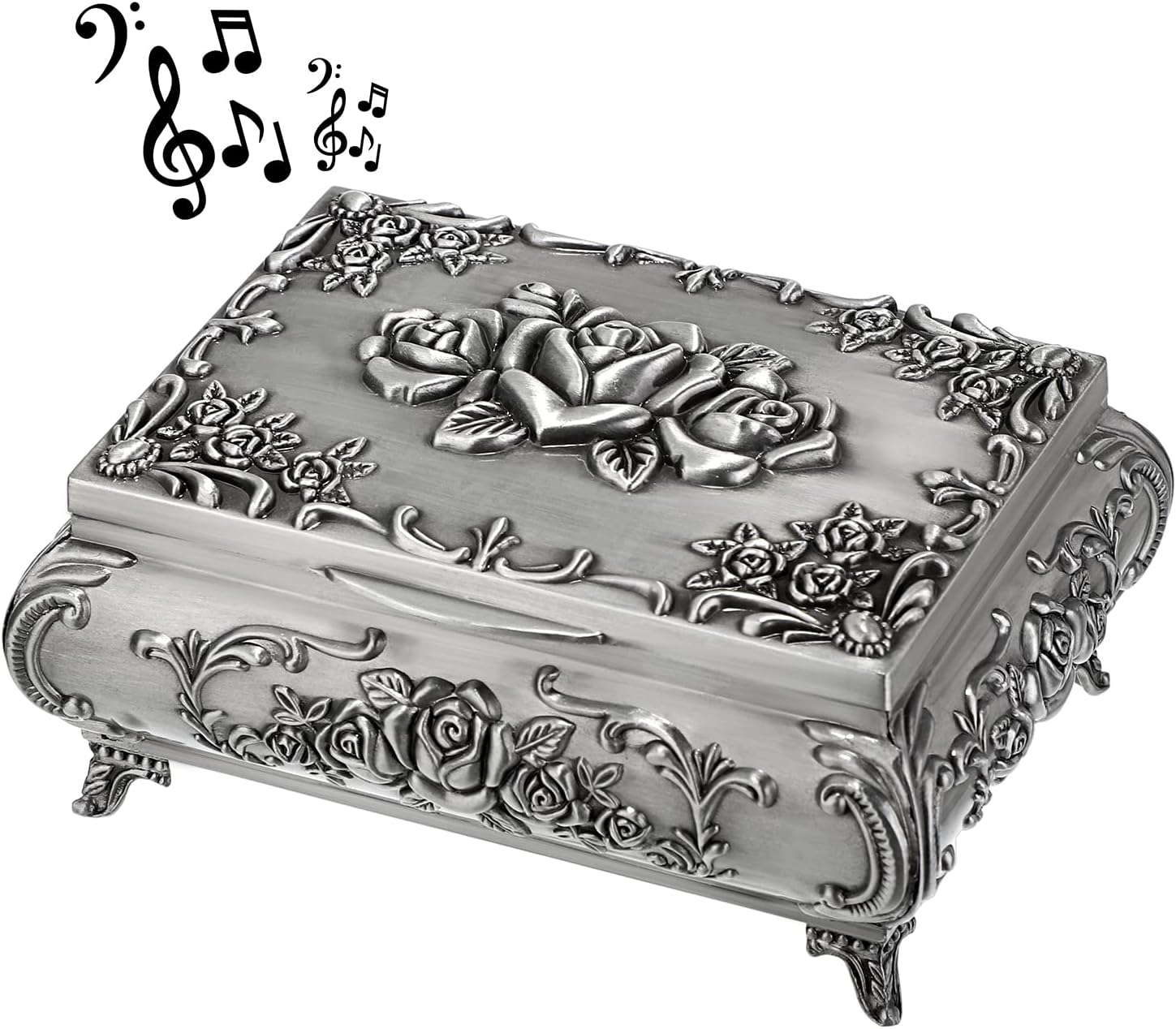 ELLDOO Vintage Music Box, Silver Metal Musical Jewelry Box Keepsake Box