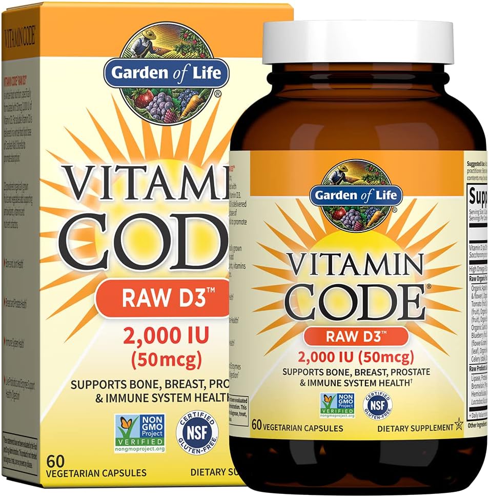 Vitamin D, Vitamin Code Raw D3, Vitamin D 2,000 IU, Raw Whole Food D3 Supplements with Chlorella, Fruit, Veggies & Probiotics for Bone & Immune Health, 60 Vegetarian Capsules