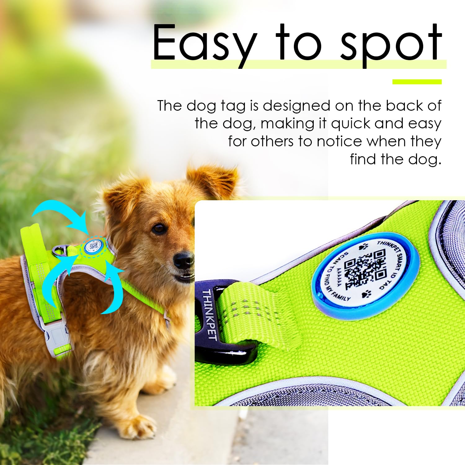 ThinkPet Arnés deportivo transpirable con código QR, arnés reflectante con asa ajustable para perros medianos y grandes, clip trasero y frontal para un fácil control, talla XL, color verde