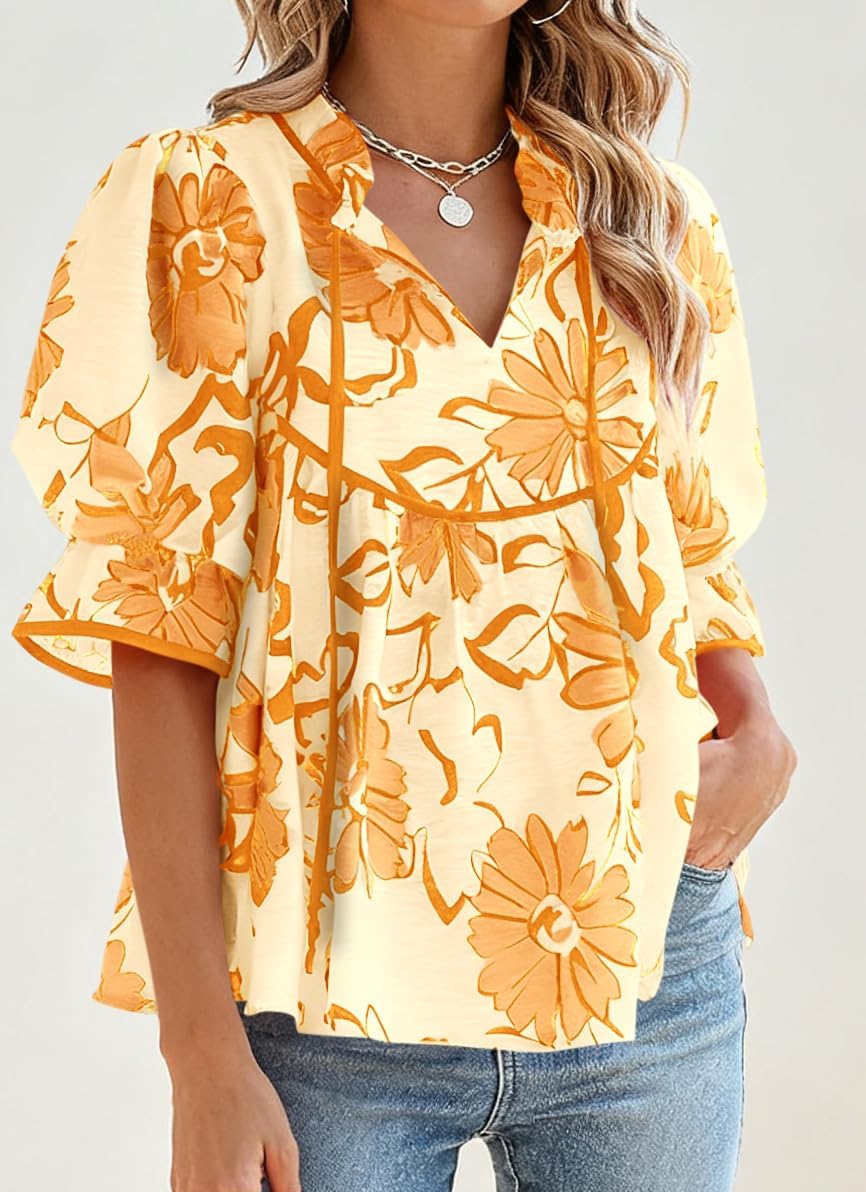 PRETTYGARDEN Womens Summer Tops 2026 Cute Puff Sleeve Ruffle V Neck Babydoll T-Shirts Boho Floral Spring Peplum Shirts